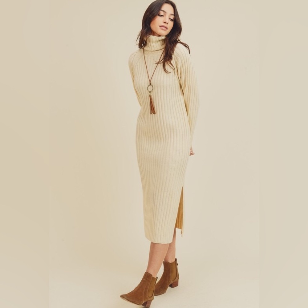 Turtleneck Ribbed Sweater Dress Cream